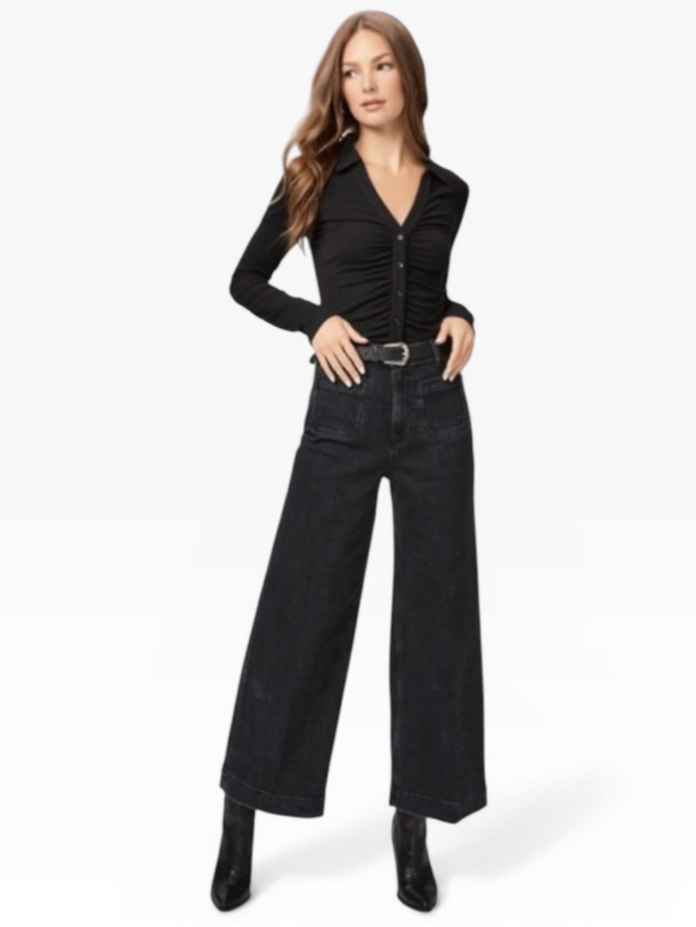 PAIGE Harper Ankle Wide Leg Jeans Washed Noir Distressed Size 28